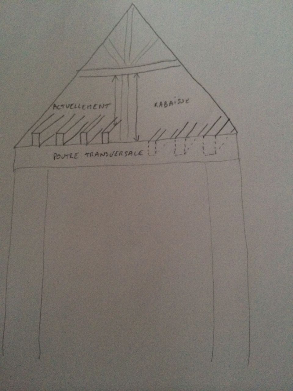 Voici le schma pour rabaisser les poutres, il faut que je fixe des sabots sur les poutres transversales pour pouvoir y mettre les solives de 8x20... J'espre qu'avec ce schma, c'est un peu plus clair.