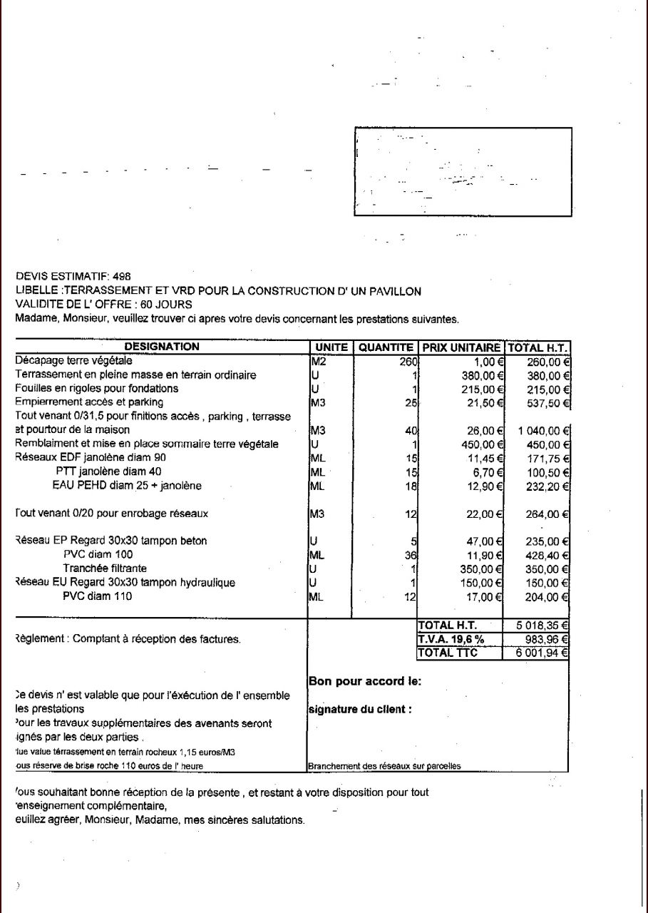 un devis VRD terrassement car hors ccmi pour nous