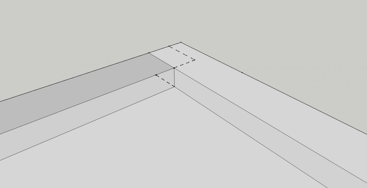 Angle rentrant - Membrane totalement repliée et pli et découpe recouvert en pointillé