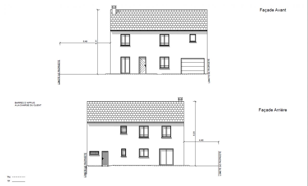 Nouvelle façade proposée pour être conforme aux exigences de la DDT.
<br />
Fenêtre au dessus du garage: pas bonne pour nous