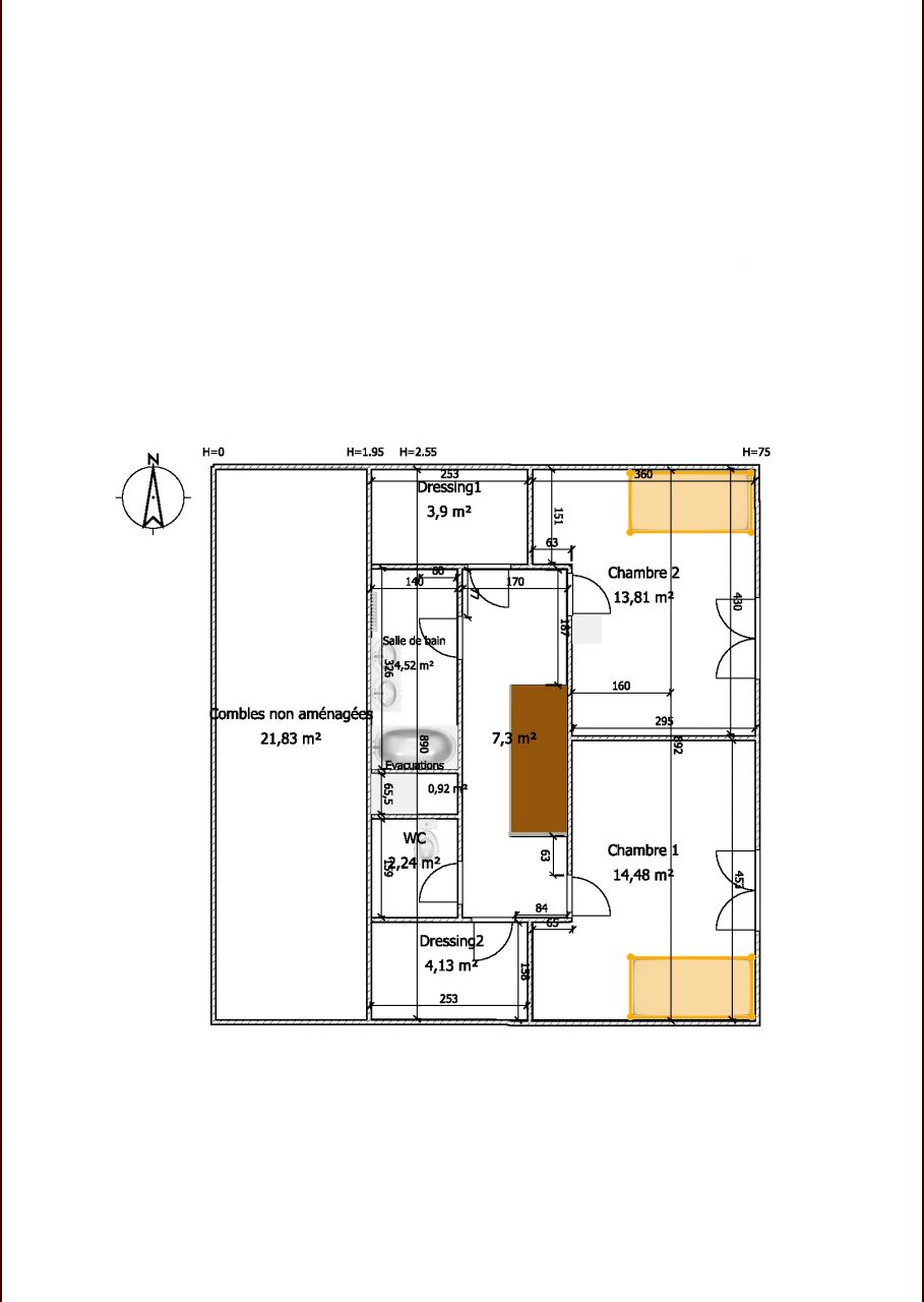 plan avec espace sous 1.95m non amnag= combles non amnages