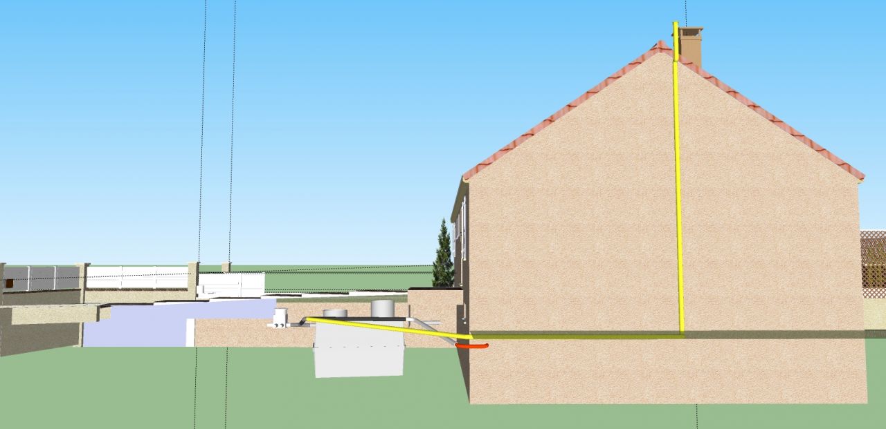 Vue 3D de l'vacuation secondaire de la fosse: en jaune, la nouvelle vacuation secondaire (plus de contre pente et sortie au dessus du faitage).