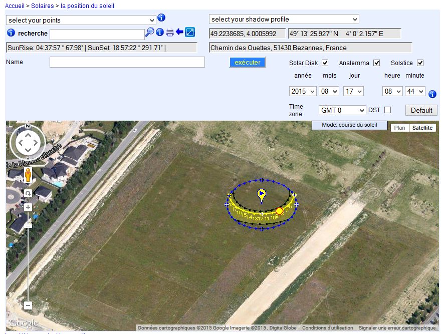 Simulation de la trajectoire du soleil sur notre terrain(difficile de trouver la place exacte)