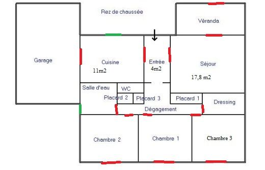 plan avec ouverture des fentres (vert) et portes (rouge)