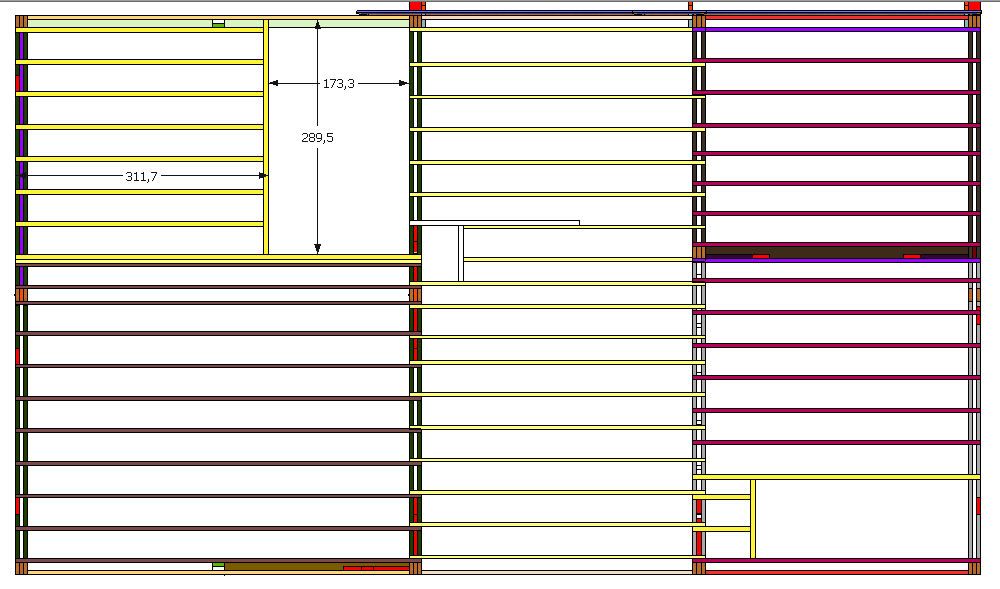 Solivage.
<br />
Au nord Ouest : solives jaunes, section 65x205 tout les 40 cm
<br />
Au sud Ouest : solivage mauve ( renforcer) , section 50x205 tout les 40 cm, longueur 4,80m
<br />
Au milieu et  l'est : section 45x205 tout les 40 cm, longueur 3,60m