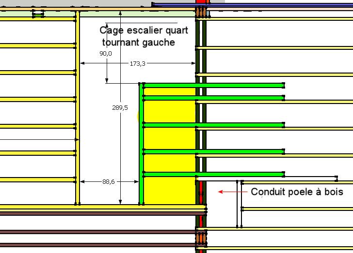 En vert vif : structure bois pour recevoir le palier/mezzanine 
<br />
En jaune : sol plancher palier