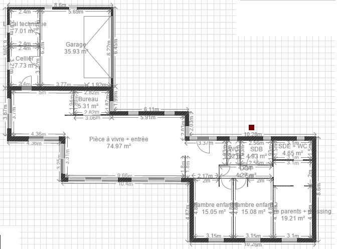 Modificatif du plan : entre centrale et bureau spar par une double porte  galandage en verre.