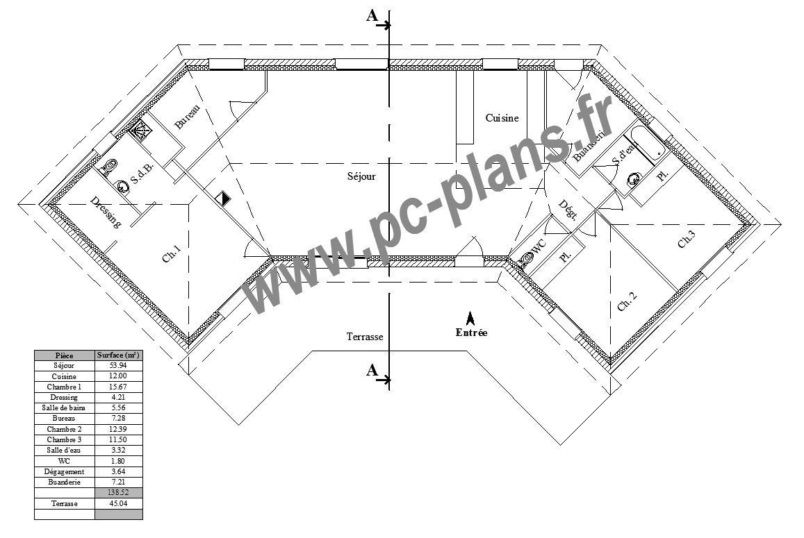 Maison de plain pied en v de 140m sur sous sol