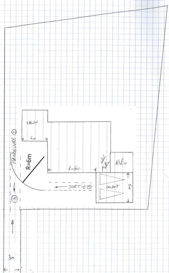 Chemin de circulation avec rayon de braquage de 6m dans le sens sortant.
<br />
1. sortie marche arrire
<br />
2. manoeuvre
<br />
3. sortie en marche avant