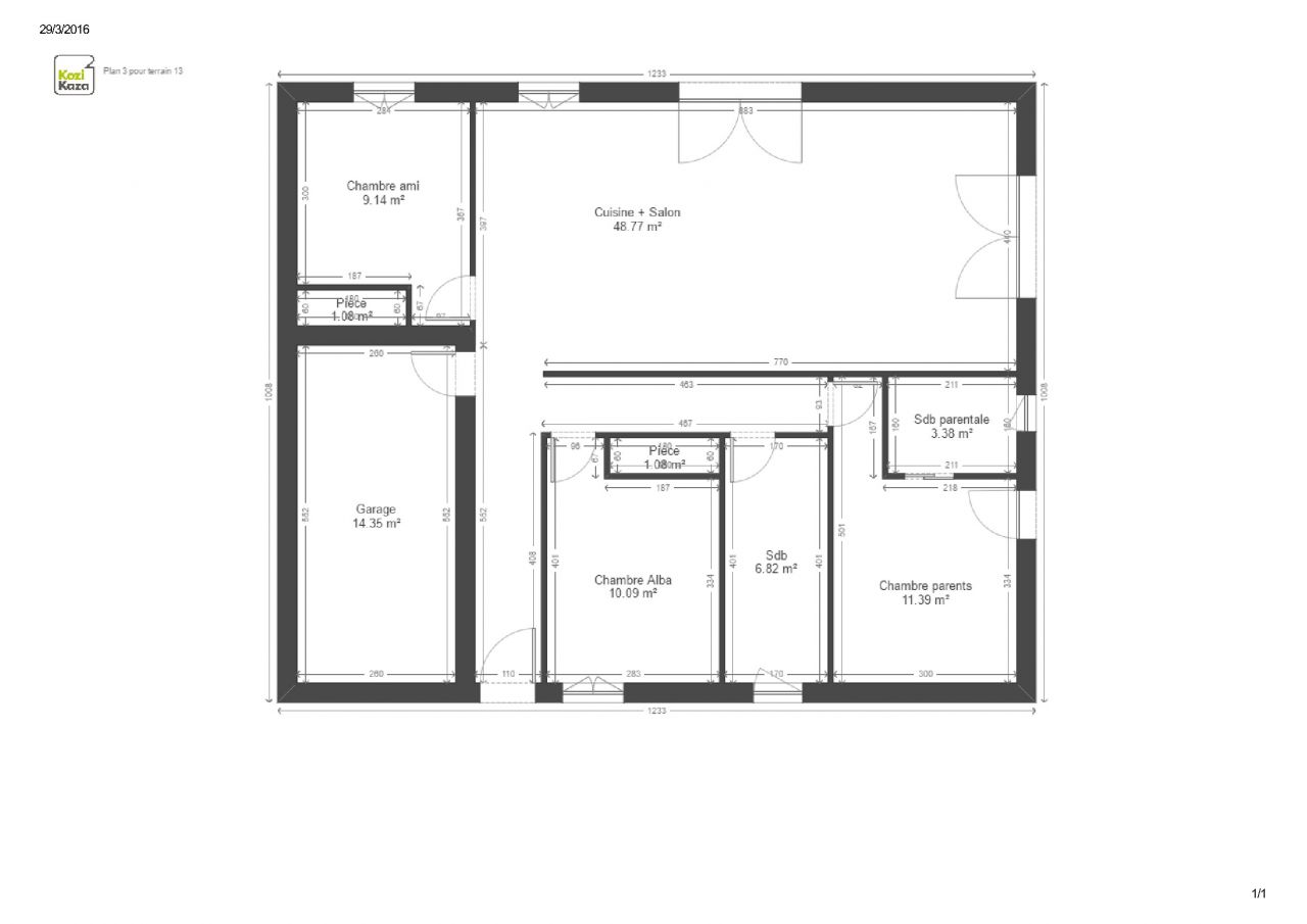 Plan de maison avec faade de 13 mtre, cuisine et salon plac  l'est et sud