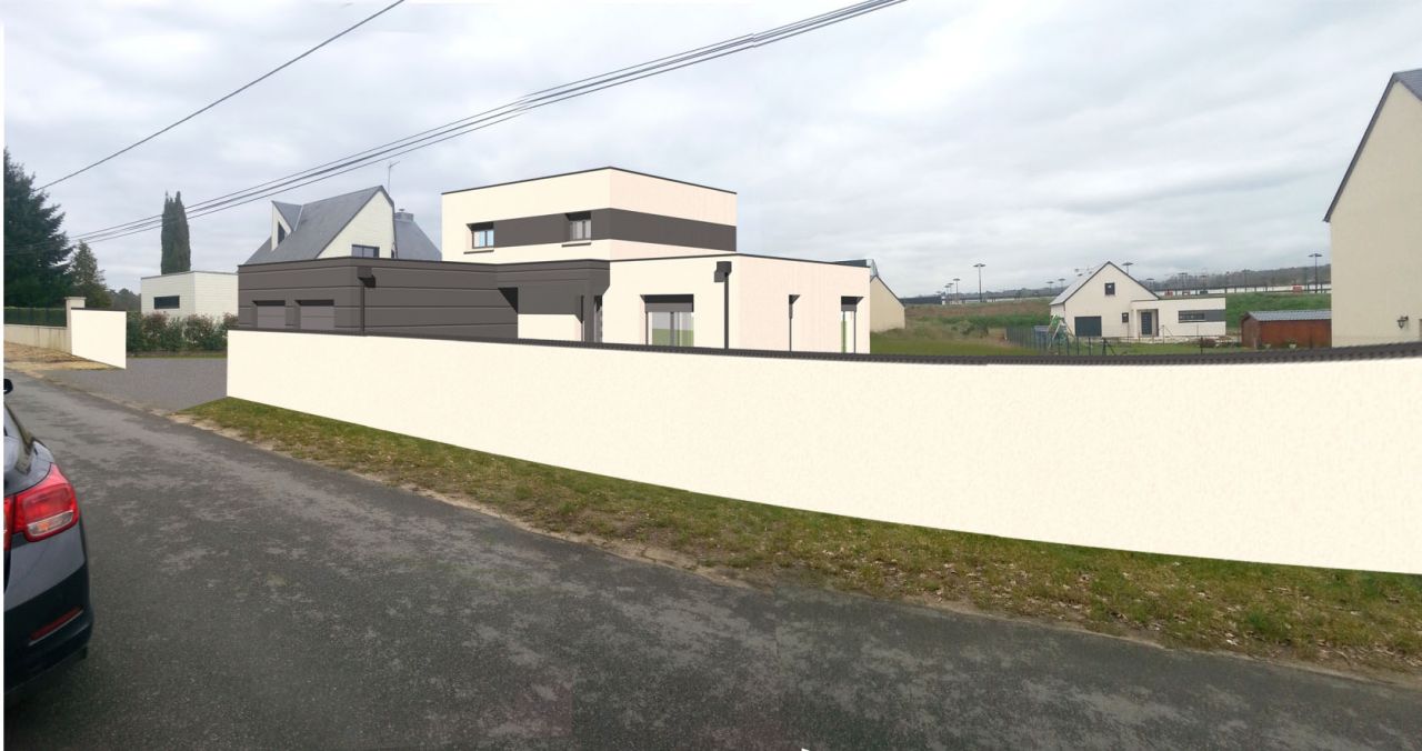 Vue 3D de la maison insre sur la photo du terrain avec le mur