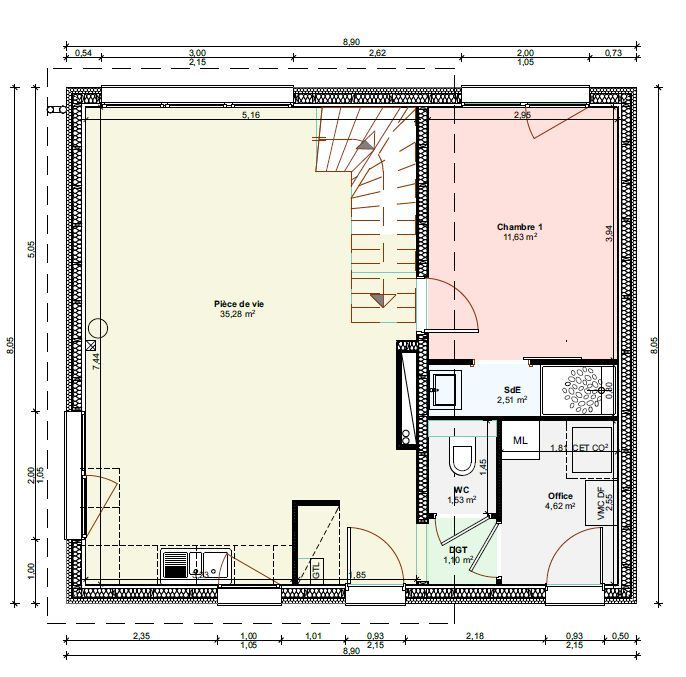 Plan de l'tage : 2 chambres, 1 salle de bain