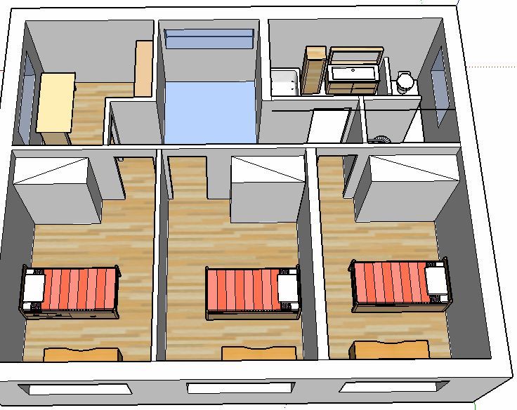 Vue de l'tage : 3 chambres similaires, petit bureau et salle de bains.