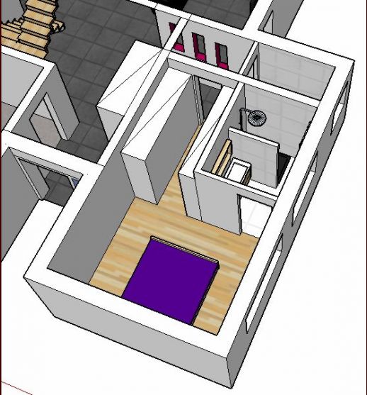 Vue du rez-de-chausse : espace parental (dressing, chambre et salle d'eau).