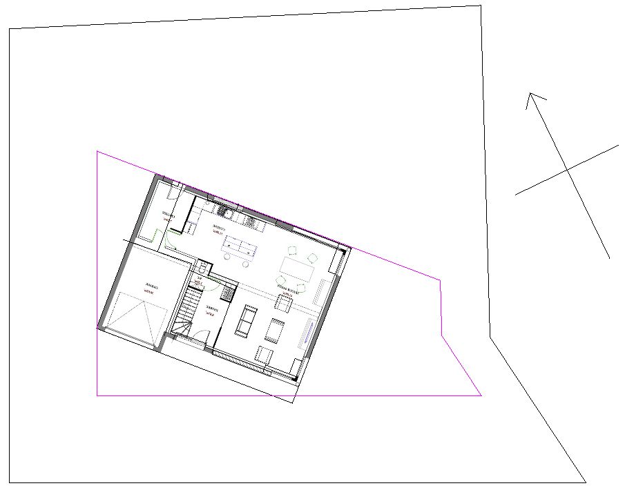 Nous avons essay de trouver l'orientation la plus favorable pour obtenir un maximum de soleil dans le salon / salle  manger (situ  droite du plan).