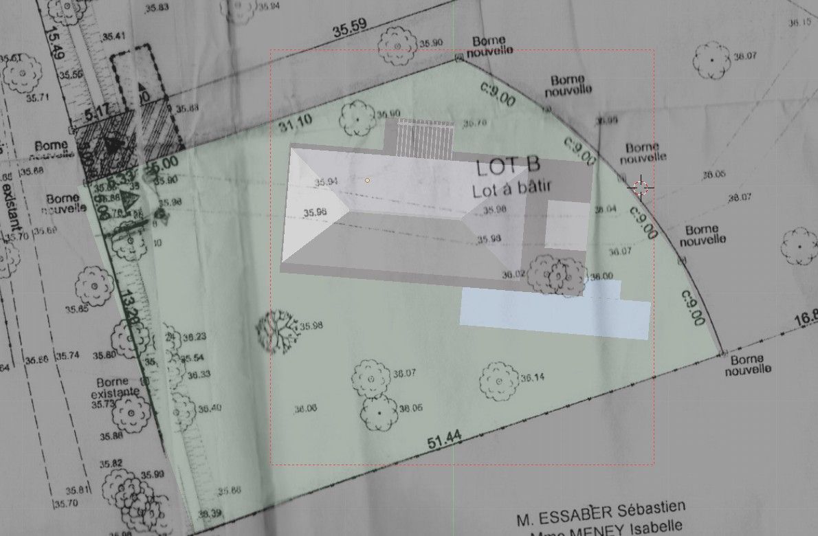 Plan du terrain avec implantation de la maison faite par nos soins... absolument pas definitif