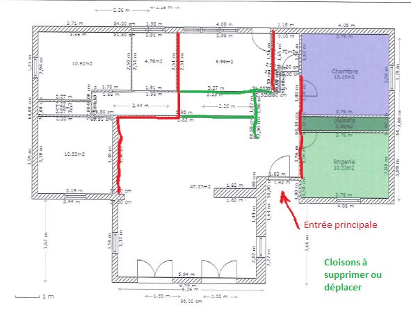 Plan de la zone actuelle avec en rouge les cloisons qui resteront en place et en vert les cloisons qu'il est possible de supprimer ou dplacer : nous souhaitons r-organiser :
<br />
1- la zone d'entre (hall), le haut du salon et la cuisine afin d'amnager des <a href=