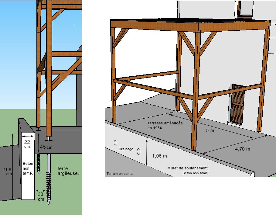 La photo explique la configuration de la terrasse surleve en bois, situe 2 tages au dessus d'une terrasse en terre en rez de jardin, construite sur un terrain en pente.