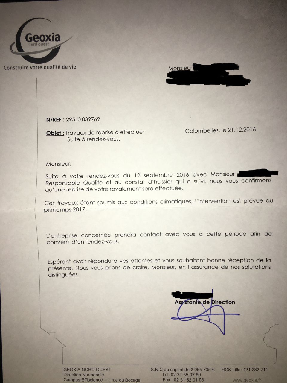 lettre me disant que maison phenix reprend  leur charge mon ravalement