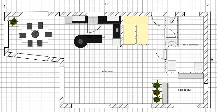 Plan du RDC (refait  peu prs avec le logiciel gratuit Sweet Home 3D) 
<br />
- Une grande pice de vie de 60m: cuisine, salon, salle  manger 
<br />
- Hall de 5m
<br />
- Salle de jeux (ouverte du salon) de 7,5m
<br />
- Un local technique de 11m
<br />
- Un WC 2m