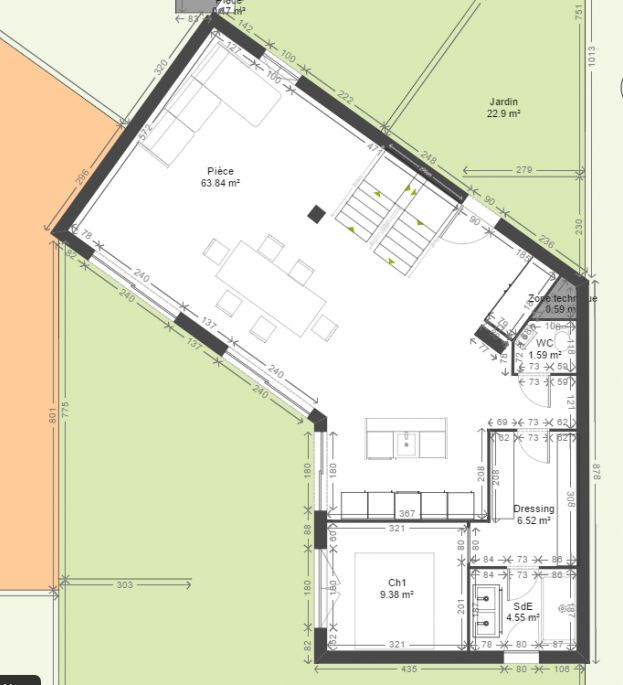 plan RDC maison en v