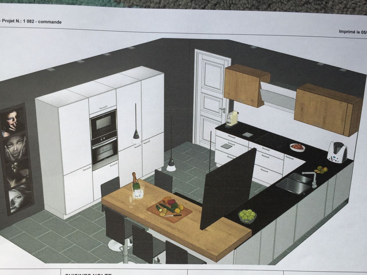 Cuisine avec mixte bois et façades blanc mat et plan de travail en DECTON et Bois