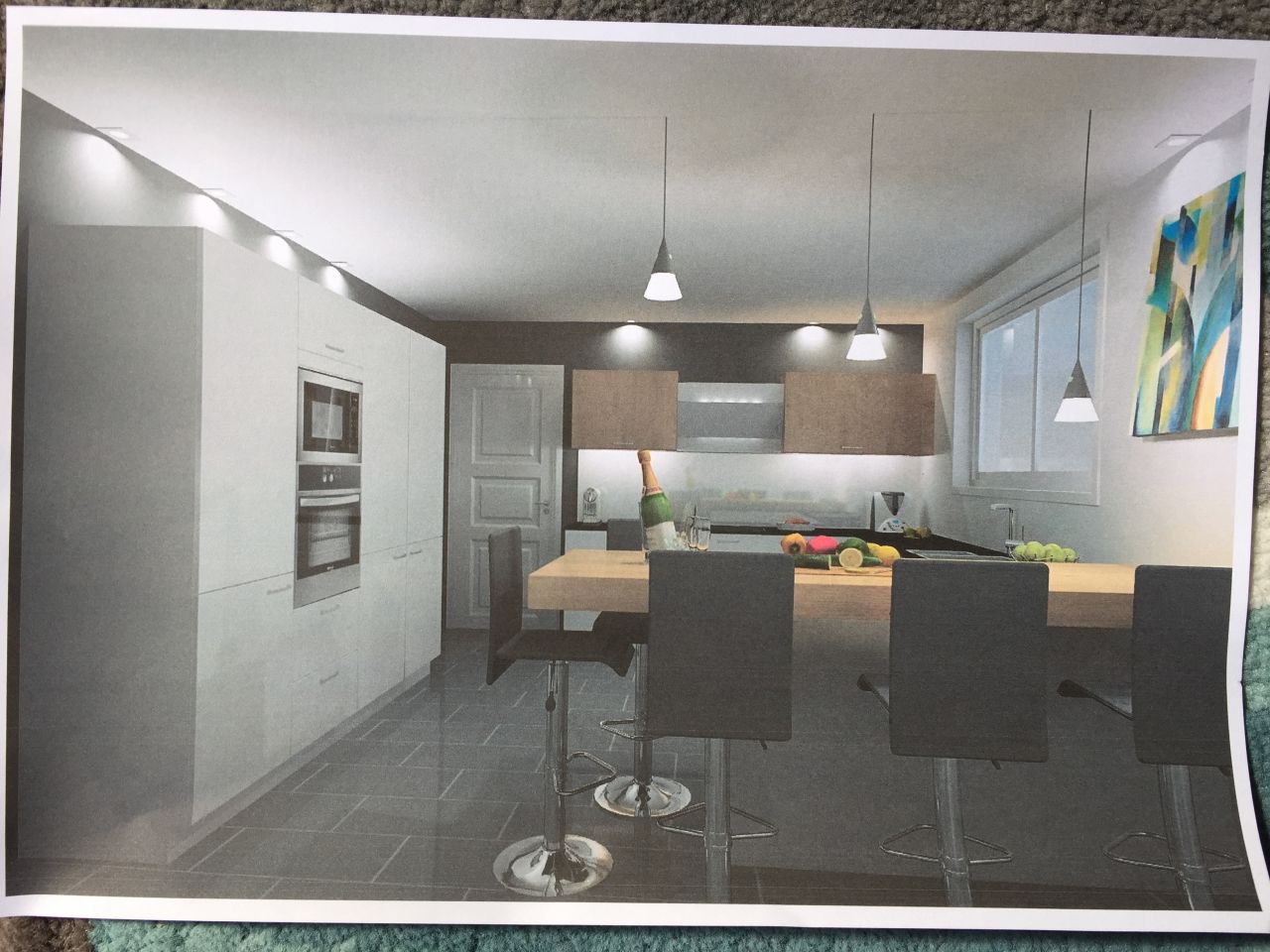 Cuisine avec mixte bois et façades blanc mat et plan de travail en DECTON et Bois