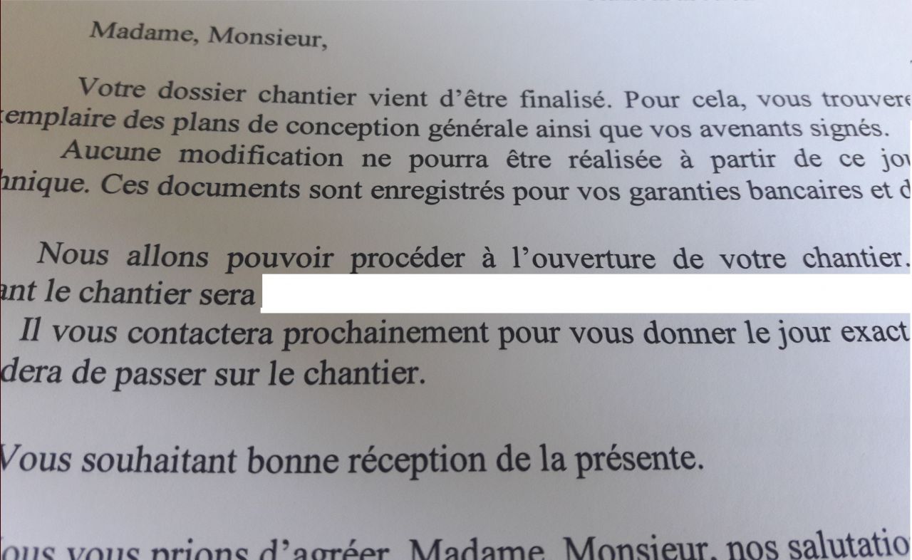 Lettre confirmant l'ouverture de chantier pour bientôt 