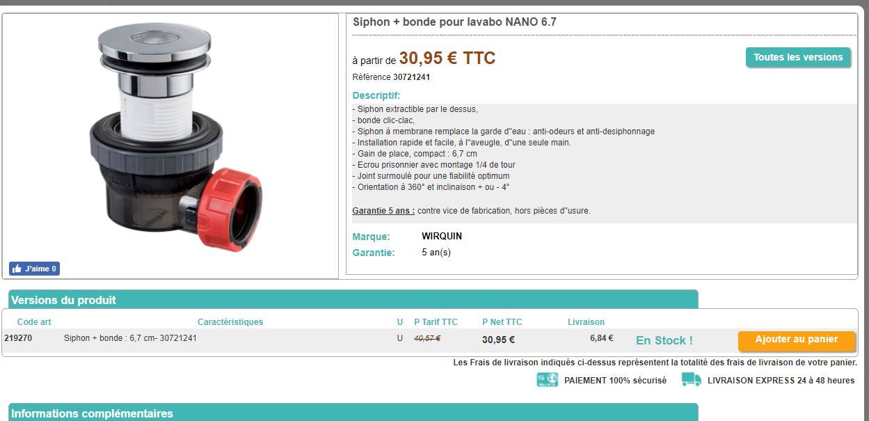 Bonde et syphon - 2 en 1 - démontage facile par dessus !

Wirquin