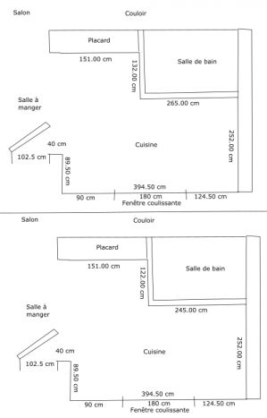 Juste un petit croquis avec les cotes de notre cuisine pour avoir vos avis d'amnagement (cf. forum)