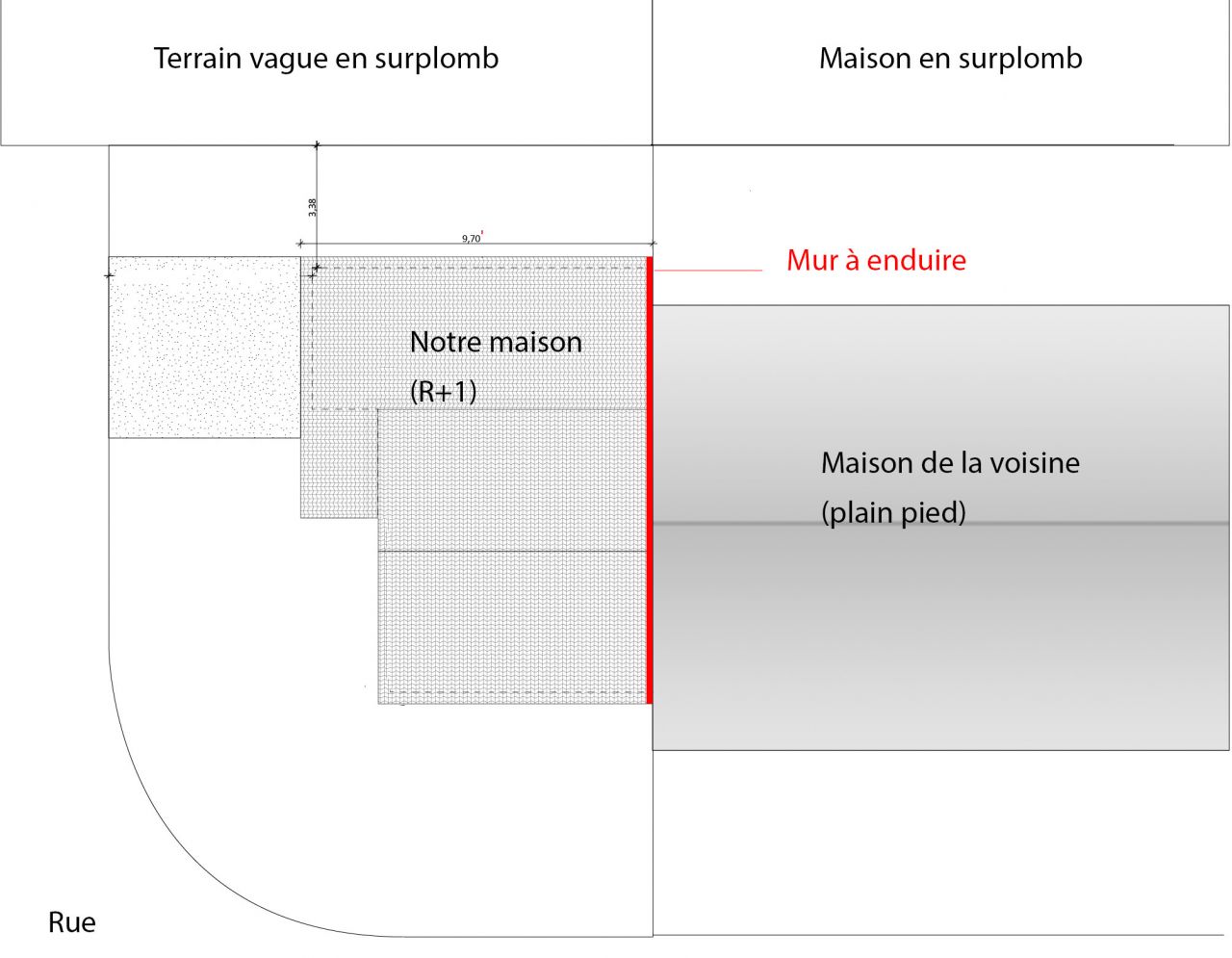 Schma vu de haut de notre maison et de la maison voisine