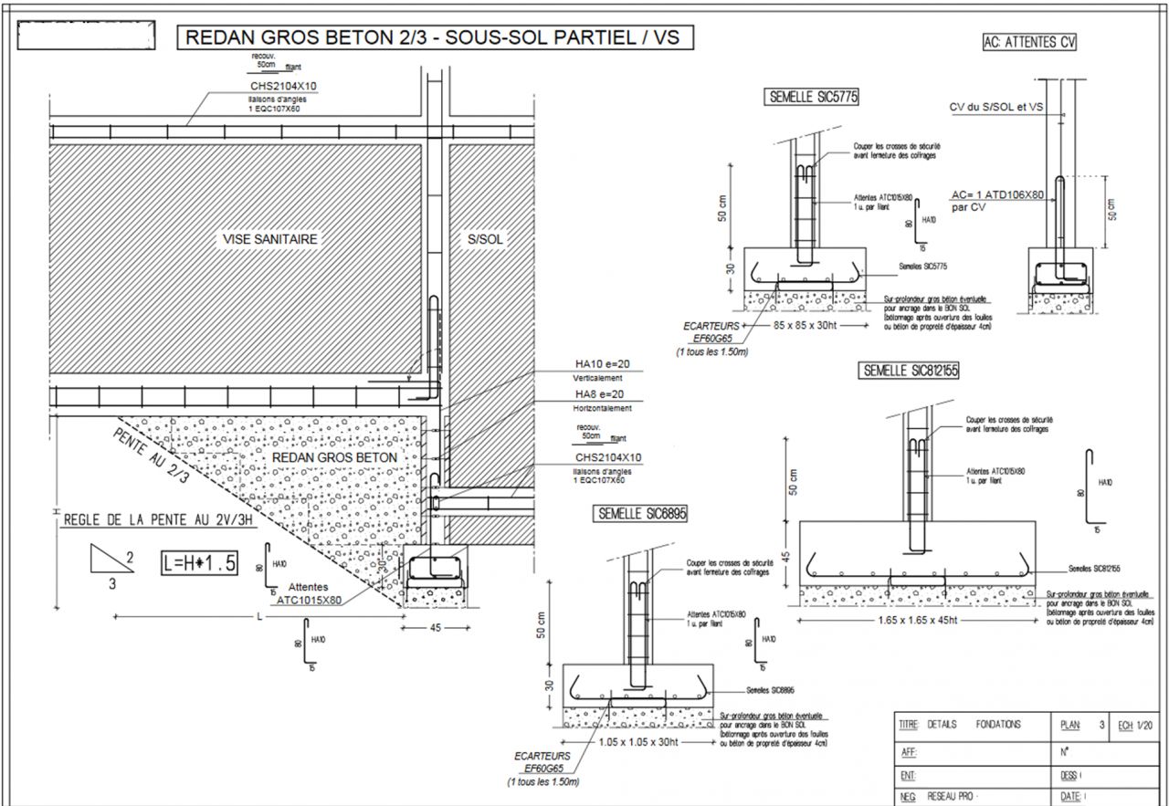 Fondations_Plan de coupe semelles isoles et redan