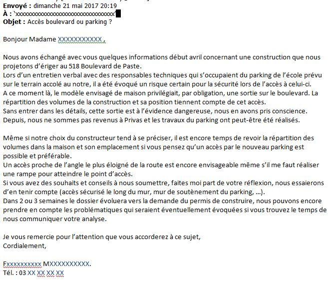 Le courrier lectronique envoy au service d'urbanisme pour demander une rflexion sur les travaux  envisager avant l'tude du projet de construction.