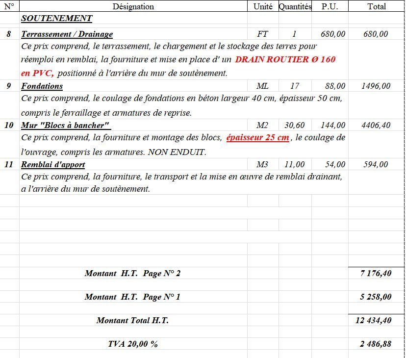 devis n 2 : mur de soutnement et drain