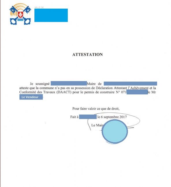 Attestation Mairie : absence Dclaration fin d'achvement de travaux