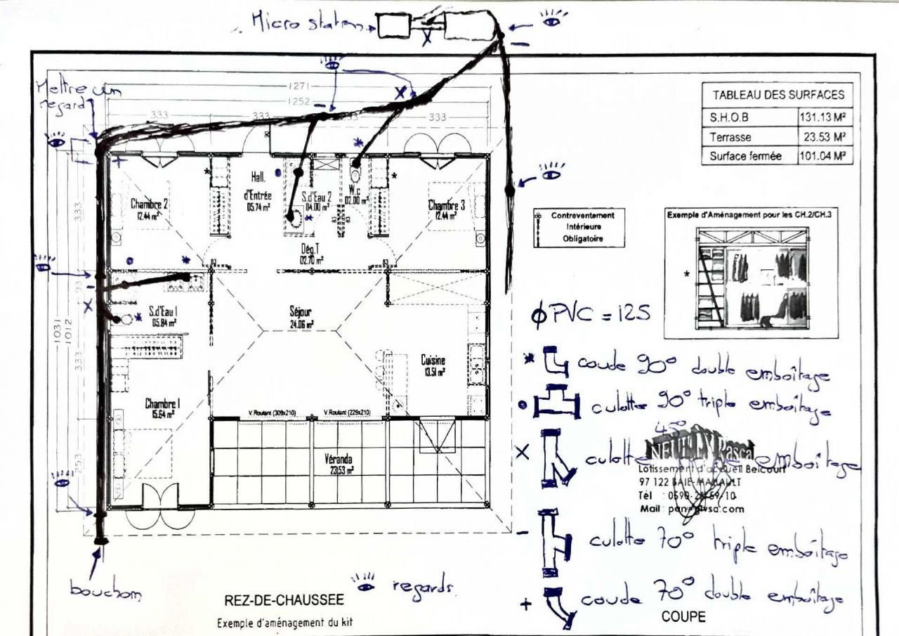 Plan des vacuations des deux salles de bain ainsi que des deux WC.