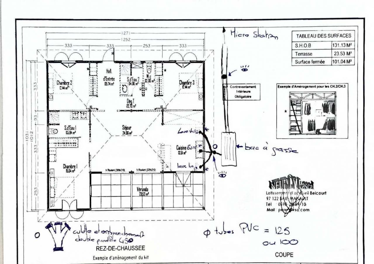 Plan des vacuations des deux salles de bain ainsi que des deux WC.