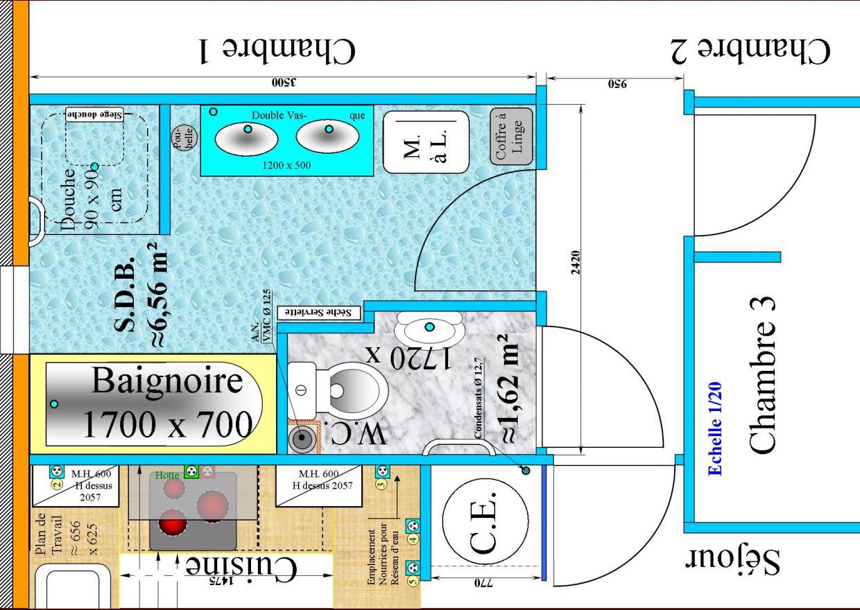 Le plan de la salle de bain soumis au constructeur et  l'lectricien pour avis.