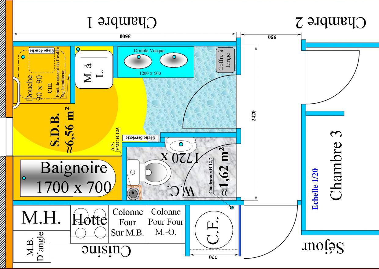 La machine  laver se trouvait dans les volumes 1 et 2 de la douche (Orange et Jaune).
<br />
Le centre du volume 1 de 1,2 m de rayon est le point de raccord du flexible de la douche sur le mitigeur.