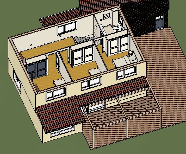 plan de maison étage avec vue sur les avancées de toit pour se protéger du soleil en été