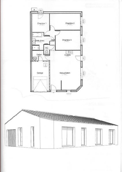 Une maison rectangle de 97m2 avec 3 chambres et garage