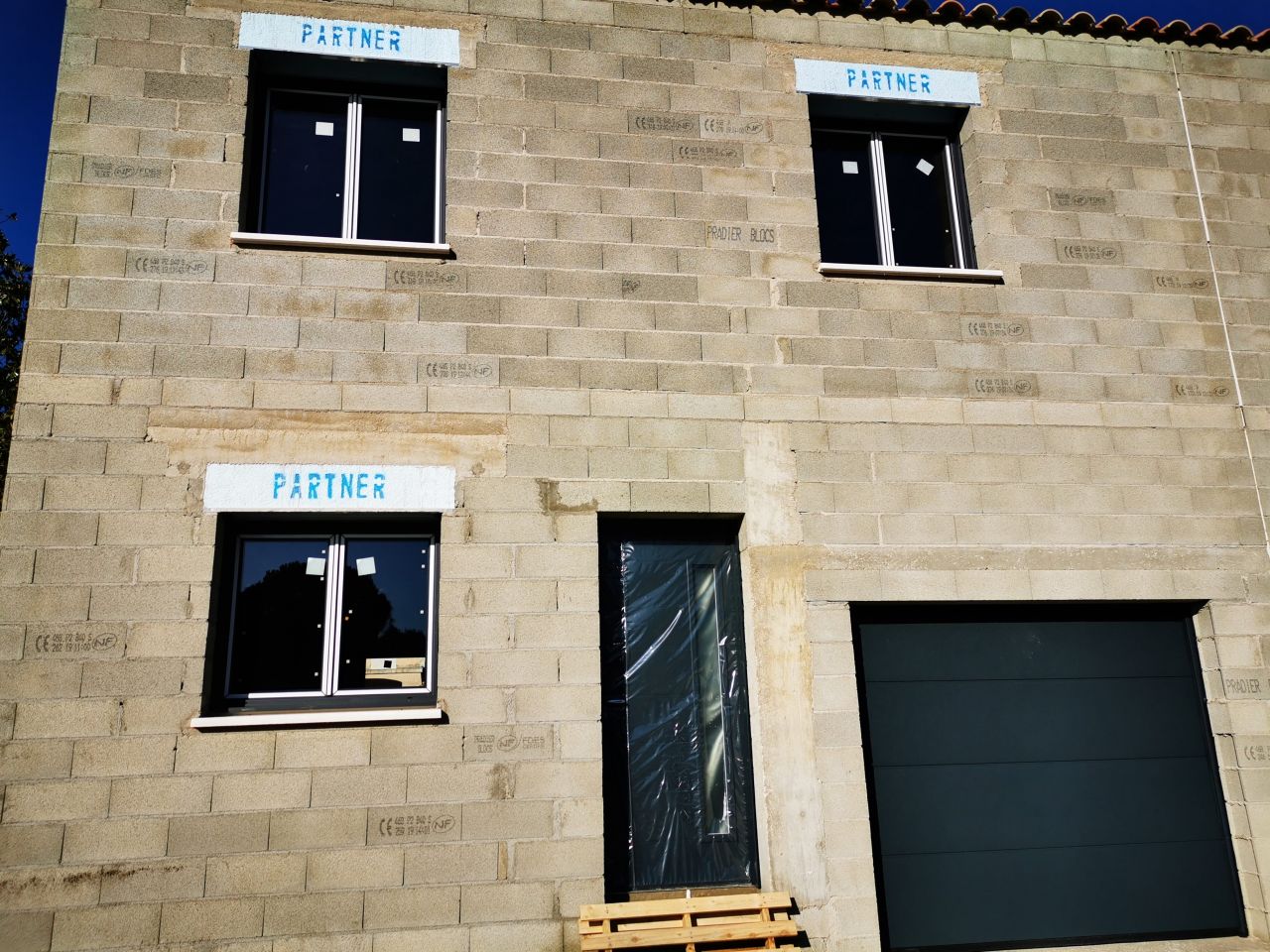 Vue du devant de la maison avec porte du garage
