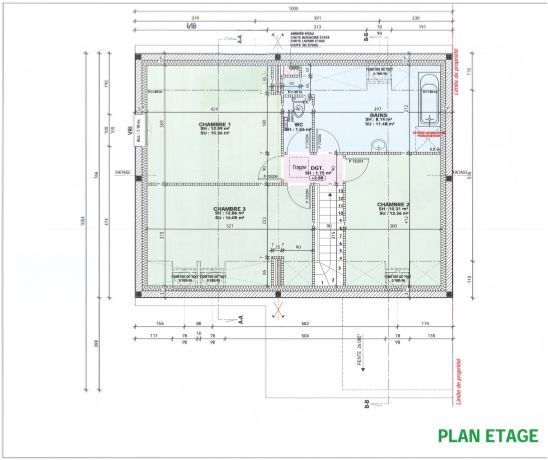 La maison ayant t tire sur les cts et raccourcis  l'arrire, nous avons invers la chambre et la salle de bain ct droit.