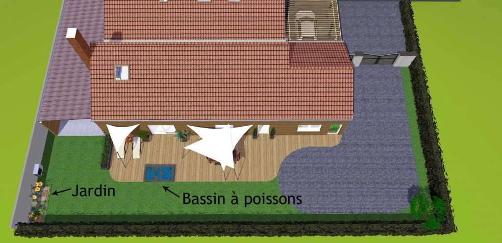 La terrasse sera expose plein sud. J'aimerais crer des zones d'ombre avec des toiles tendues.
<br />
A droite, l'entre de la cour sera pave. Puis, il y a la terrasse en bois et la cour avec de l'herbe.
<br />
En bas  gauche, on fera un petit jardin.
<br />
Juste au dessus, le bloc gris affreux que vous pouvez voir, c'est la <a href=