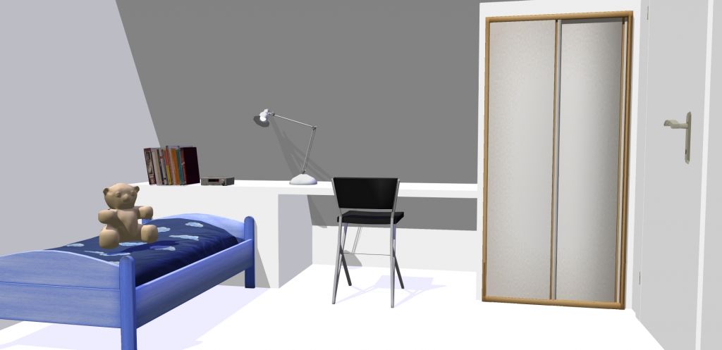 Une chambre d'enfant. L'idée est ici aussi de n'avoir aucun meuble. On construira donc une tête de lit-table de chevet comme pour la chambre des parents, sauf celle-ci se prolongera en bureau puis en placard.
<br />
De l'autre côté de la pièce, il y aura des placards sous pente.