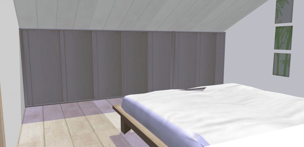 Au fond de la chambre sous la pente, on mettra des placards à porte coulissantes pour ranger les couettes, draps, etc... Les vêtements seront rangés dans le dressing.
<br />
L'inclinaison du toit n'est surement pas la bonne, j'ai fait au pif... En réalité, il y aura plus de surface en loi Carrez.