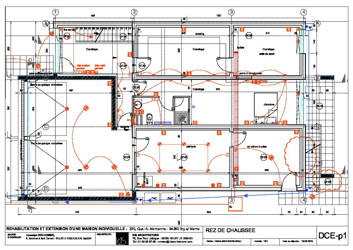 Plan architecte pour le R0 : Garage, salle des machines, buanderie, salle de sport...
