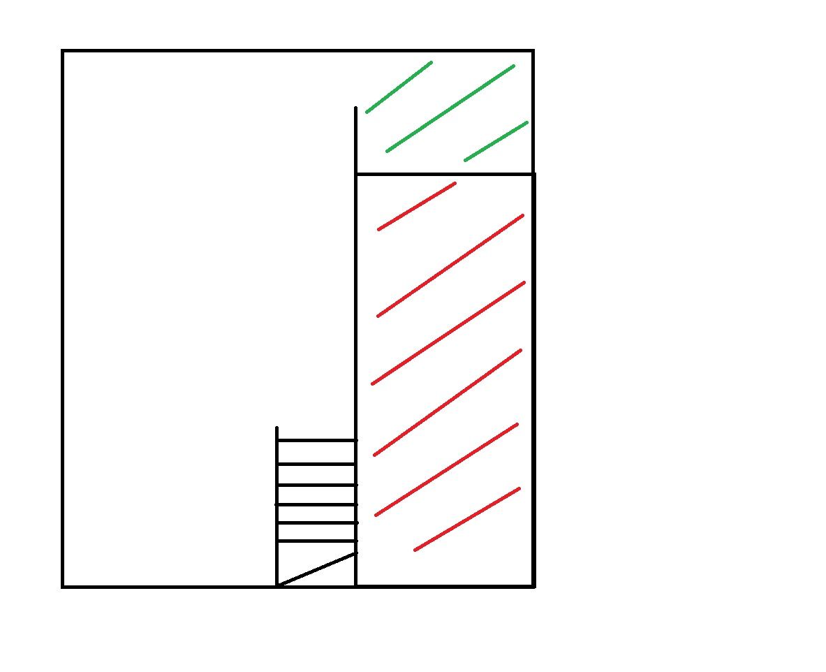 Plan du sous sol
<br />
en rouge la partie comble
<br />
en vert la partie comble qui a t creuse