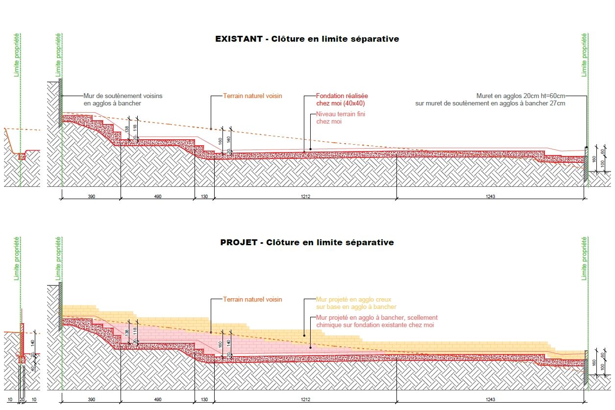 Plans du mur de clture de 35m en limite sparative