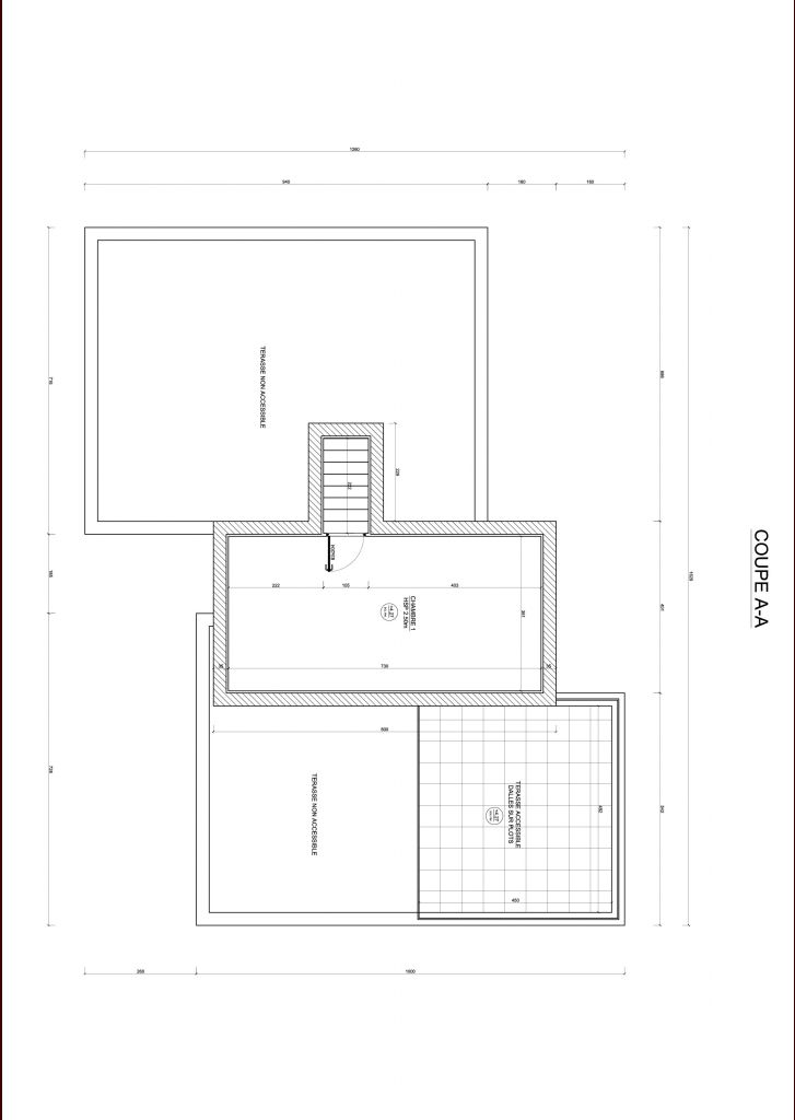 plan du dernier demi niveau qui sera la suite parentale avec chambre dressing et salle de bain personnel ... et terrasse (en toit terrasse)